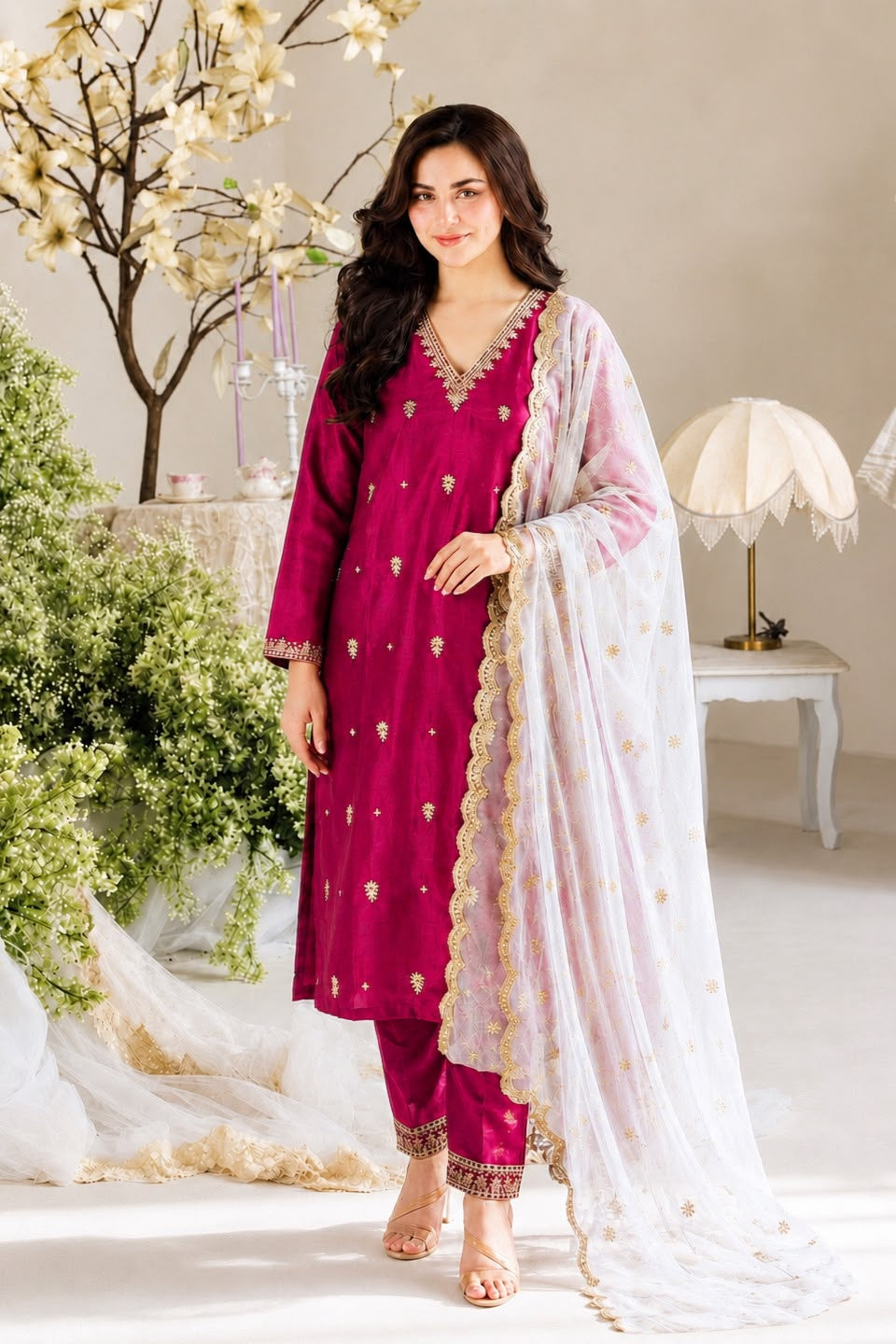 Maroonika Embroidered Vichitra Silk Kurta Set