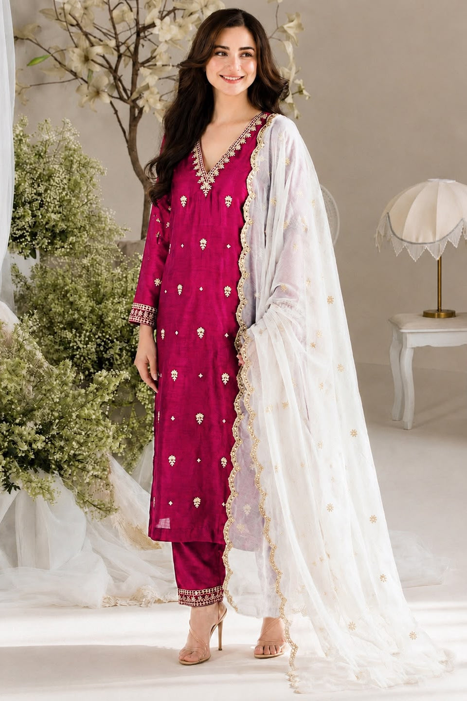 Maroonika Embroidered Vichitra Silk Kurta Set