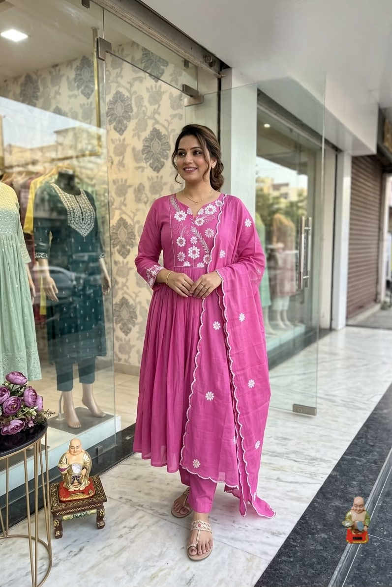 Gulabika Floral Threadwork Mul Chanderi Anarkali Set