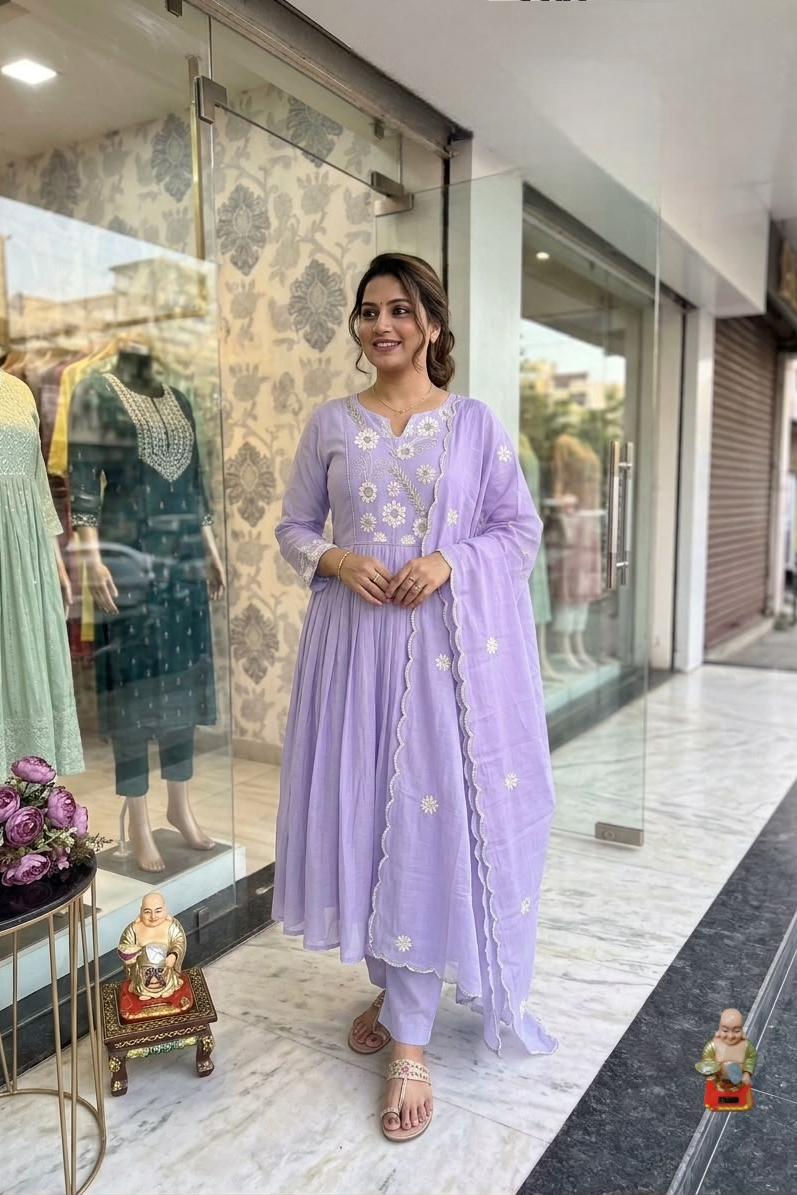 Gulabika Floral Threadwork Mul Chanderi Anarkali Set