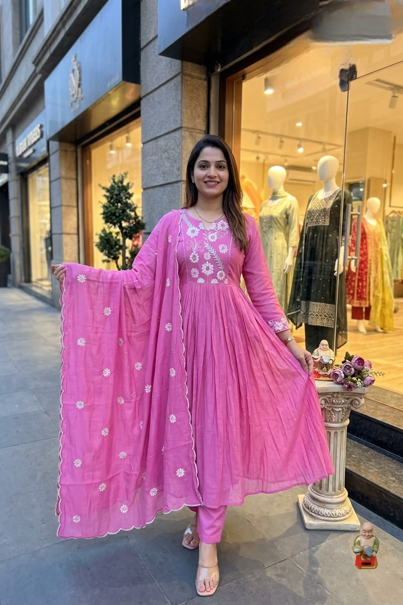 Gulabika Floral Threadwork Mul Chanderi Anarkali Set