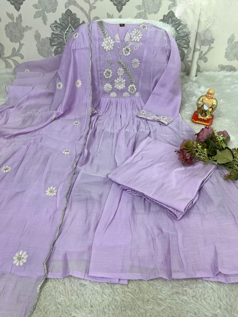 Gulabika Floral Threadwork Mul Chanderi Anarkali Set
