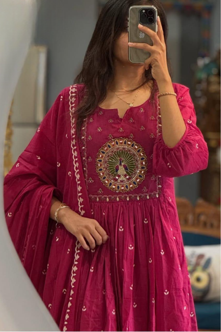 Beautiful Kanarvi Pink Anarkali Cotton Suit Set