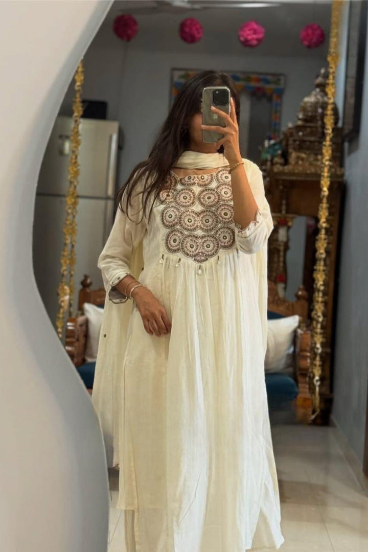 Shwetbela White Anarkali Cotton Suit Set