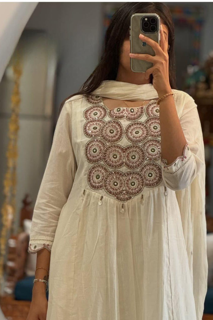 Shwetbela White Anarkali Cotton Suit Set