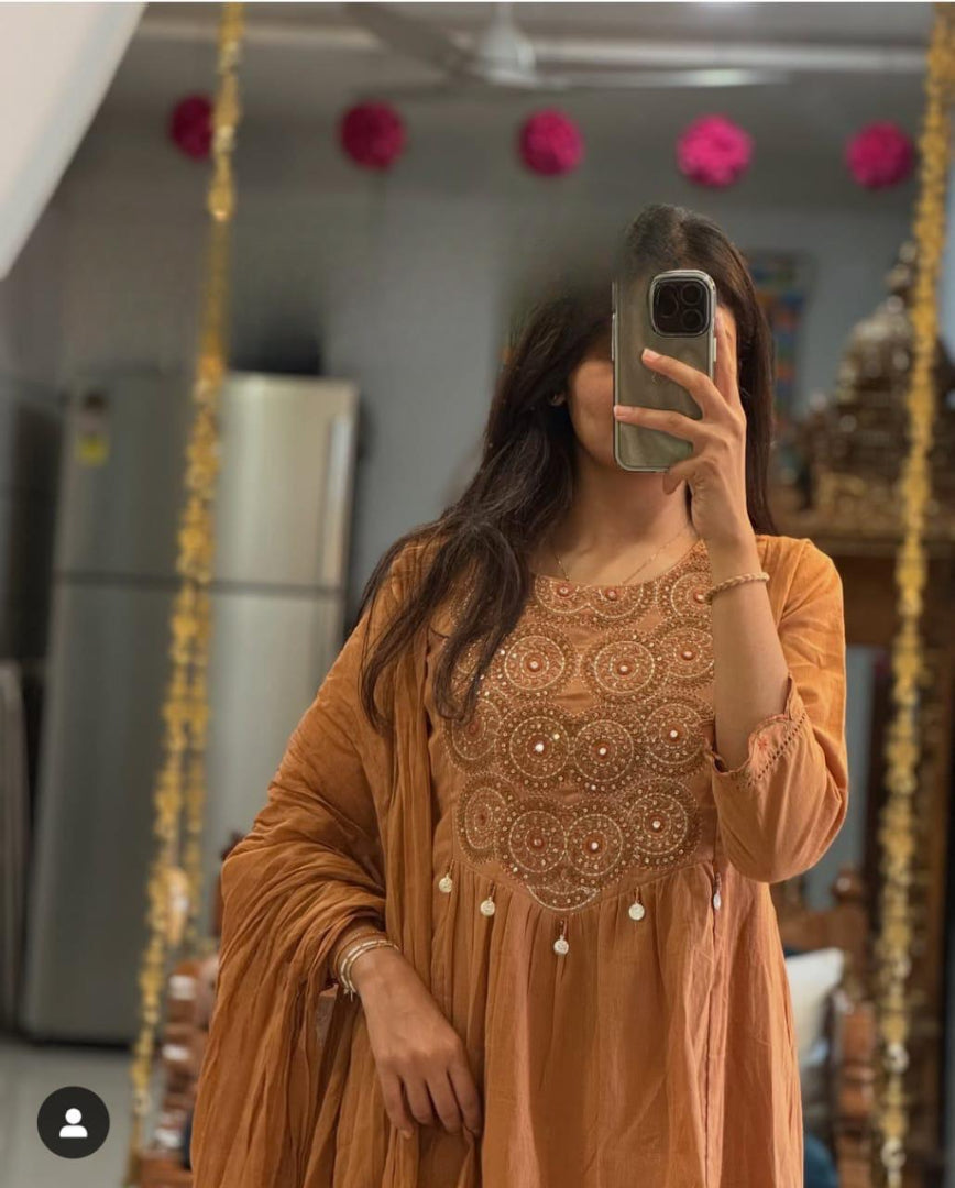 Shwetbela Brown Anarkali Cotton Suit Set