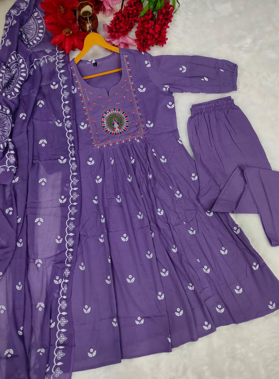 Beautiful Kanarvi Purple Anarkali Cotton Suit Set