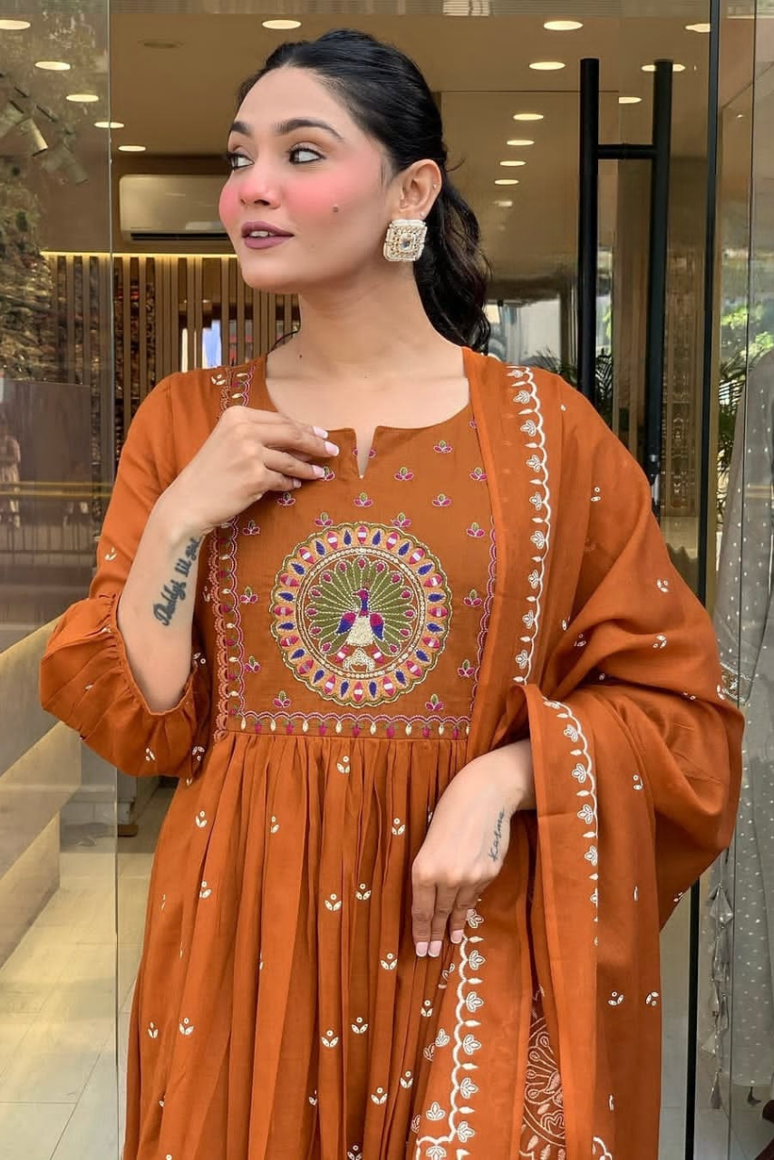 Beautiful Kanarvi Orange Anarkali Cotton Suit Set