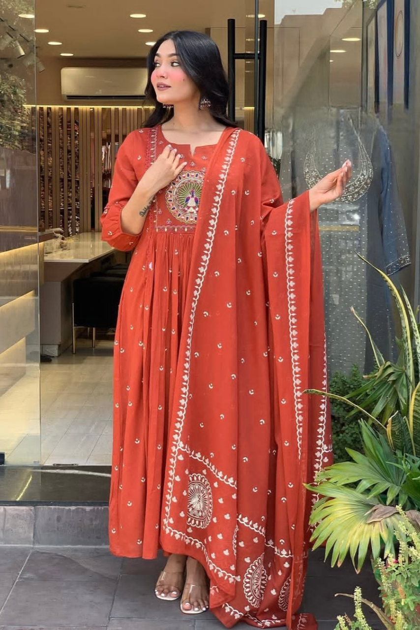 Beautiful Kanarvi Red Anarkali Cotton Suit Set