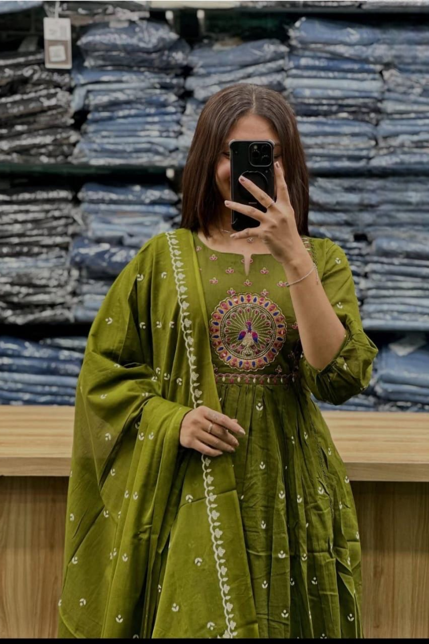 Beautiful Kanarvi Mehendi Anarkali Cotton Suit Set