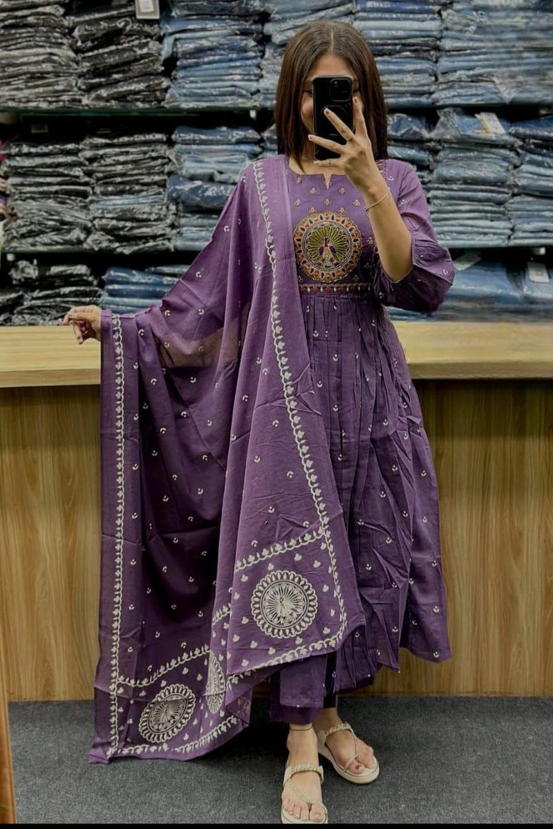 Beautiful Kanarvi Purple Anarkali Cotton Suit Set