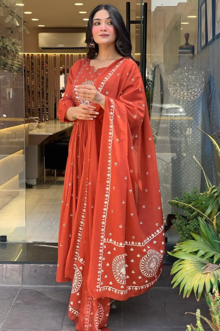 Beautiful Kanarvi Red Anarkali Cotton Suit Set
