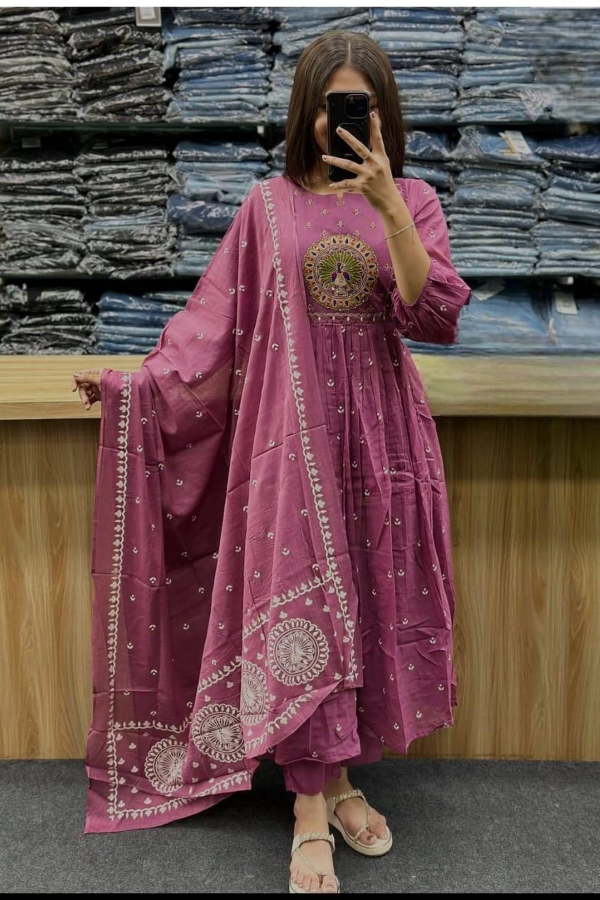 Beautiful Kanarvi Light Purple Anarkali Cotton Suit Set