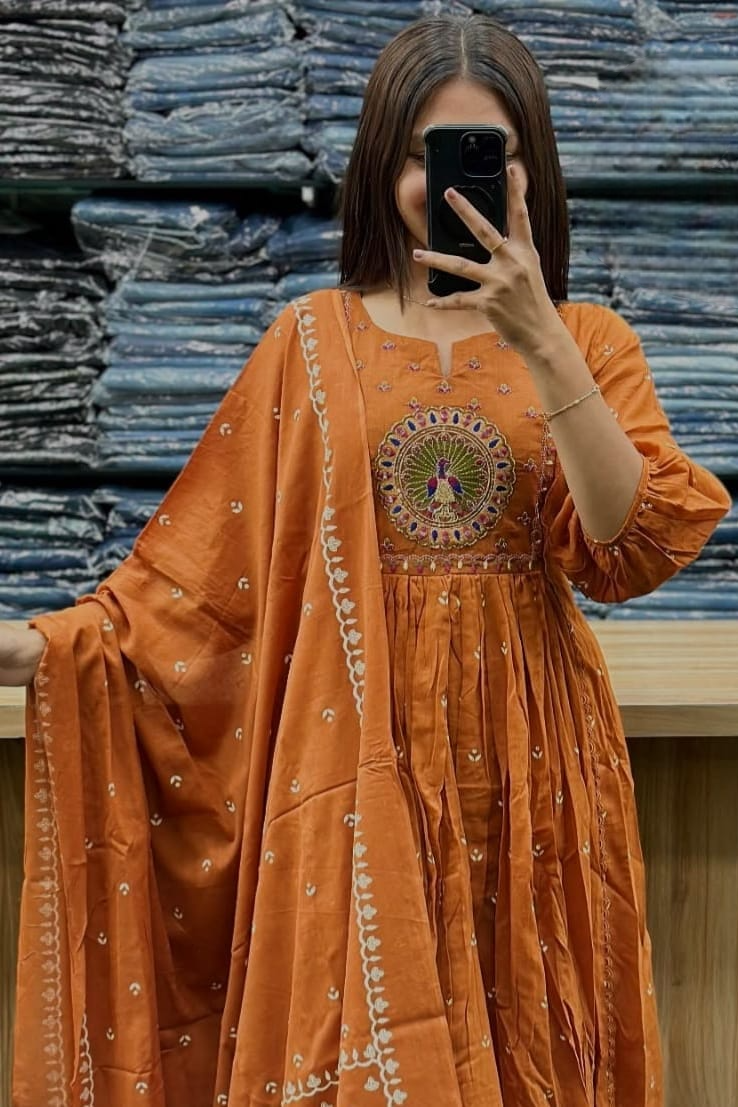 Beautiful Kanarvi Orange Anarkali Cotton Suit Set