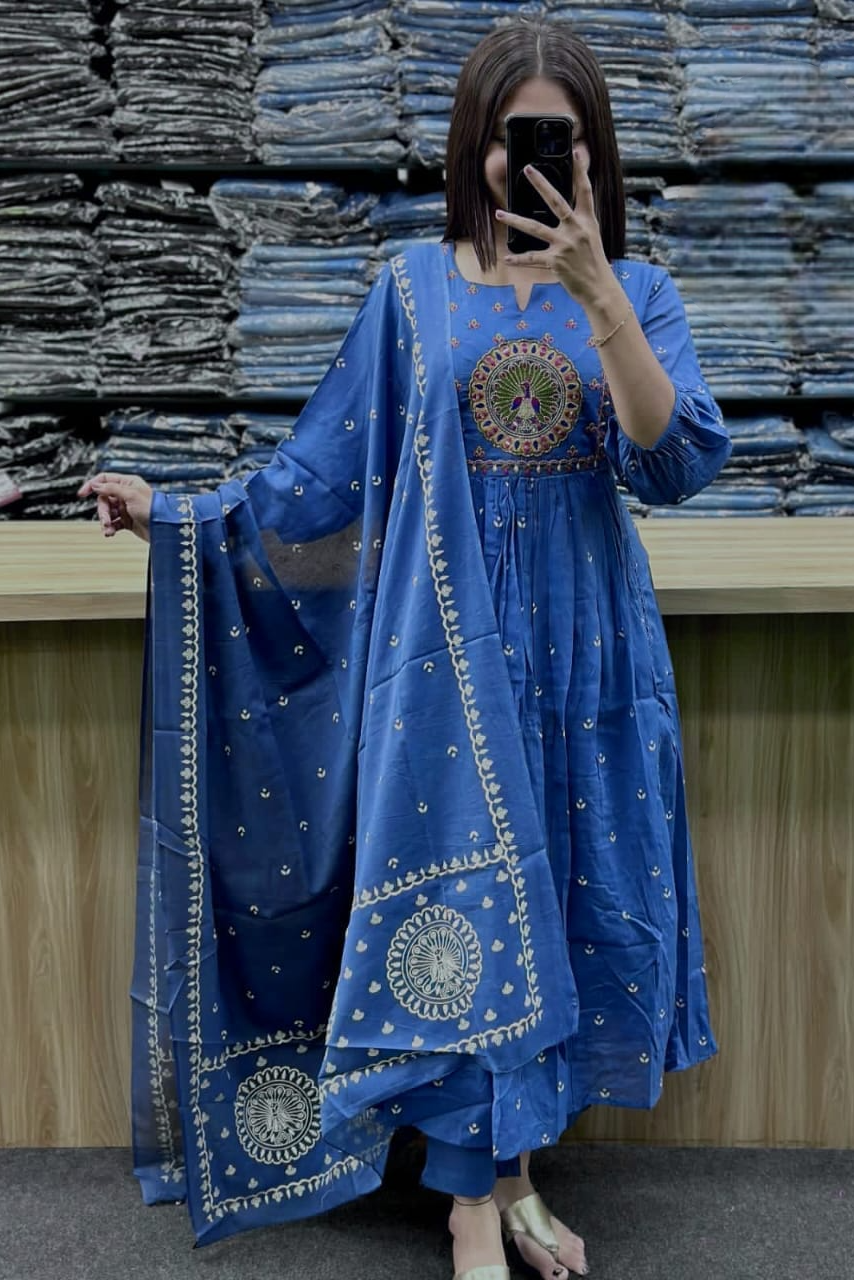 Beautiful Kanarvi Blue Anarkali Cotton Suit Set