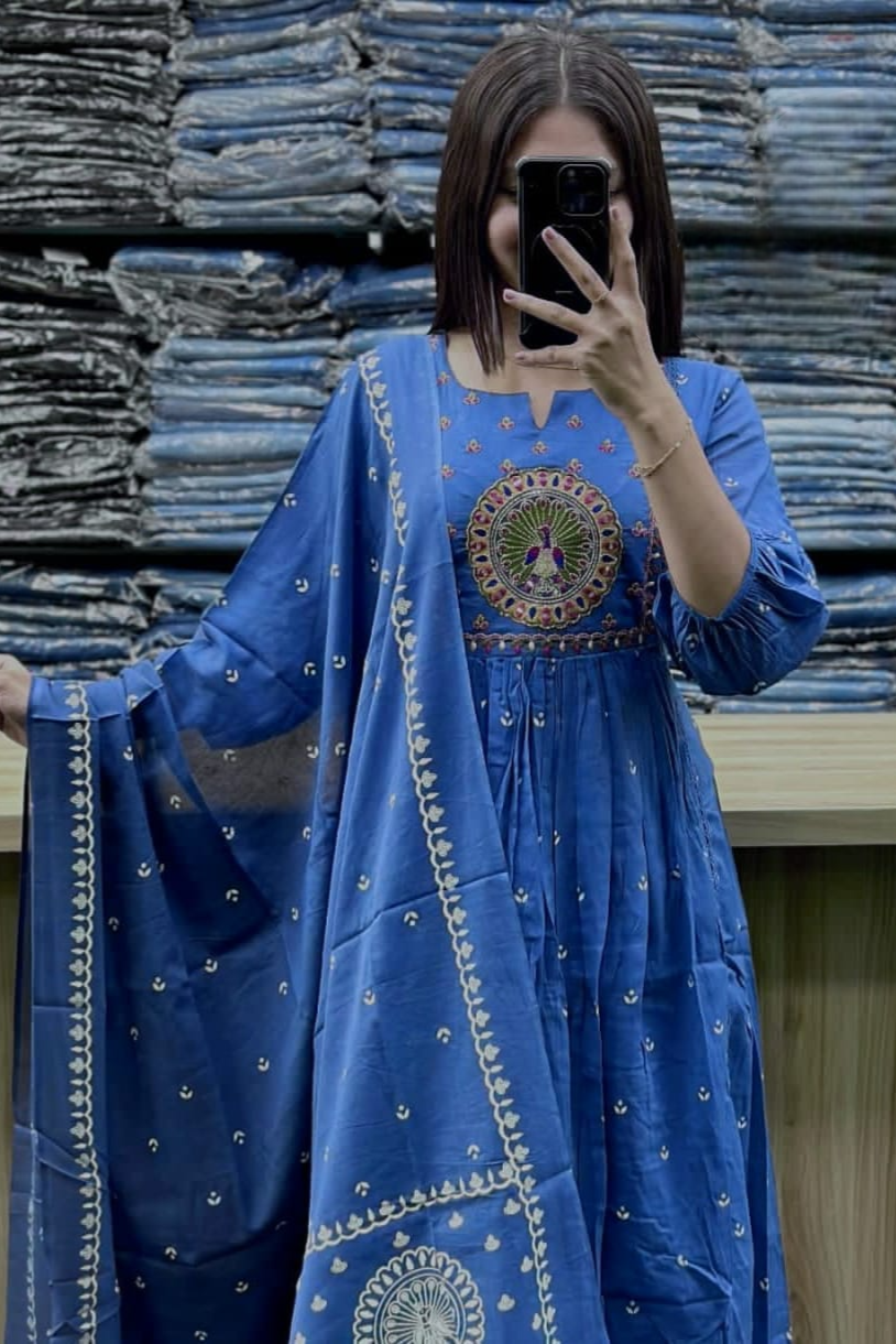 Beautiful Kanarvi Blue Anarkali Cotton Suit Set