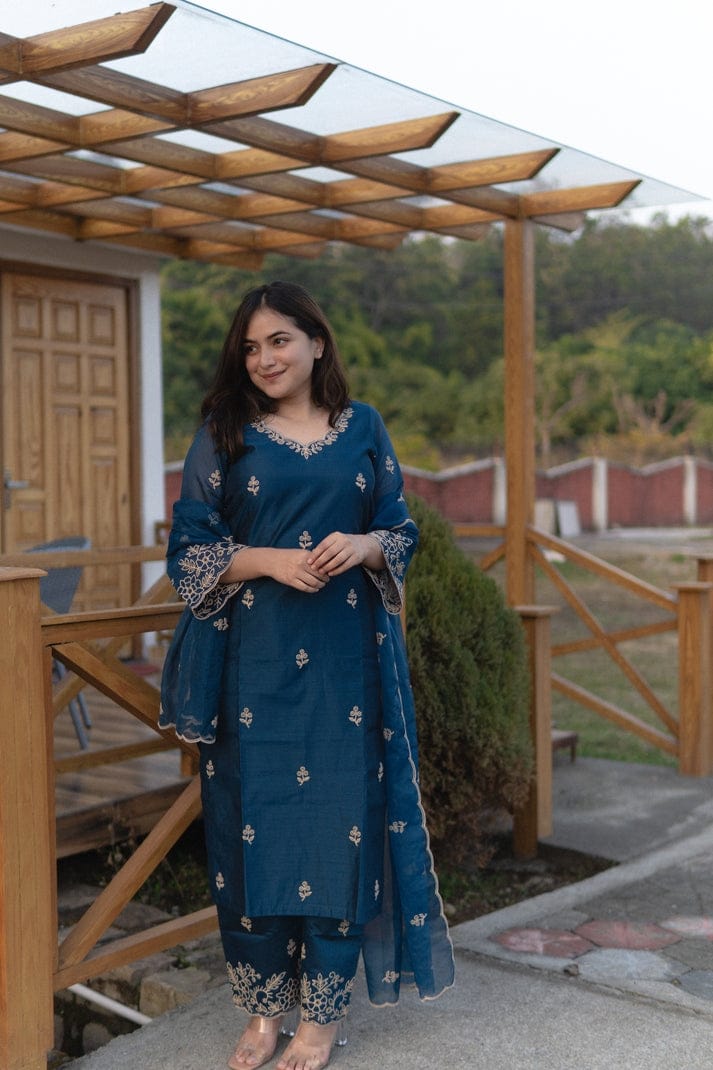 Ruhaniya Blue Chanderi Silk Embroidered Palazzo Suit Set
