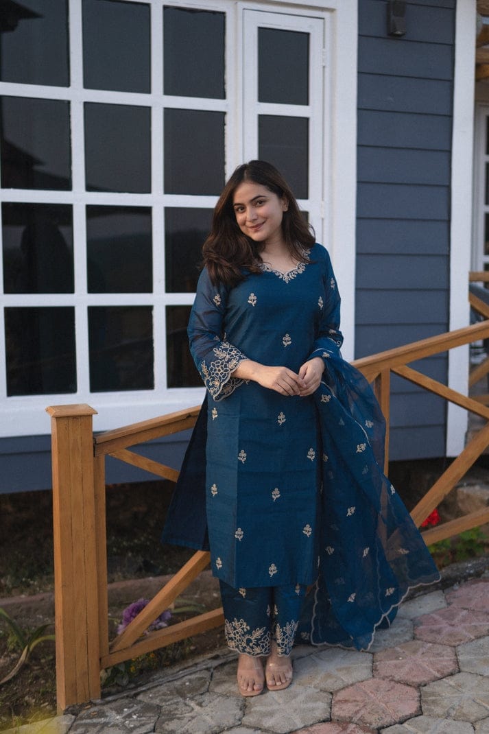 Ruhaniya Blue Chanderi Silk Embroidered Palazzo Suit Set