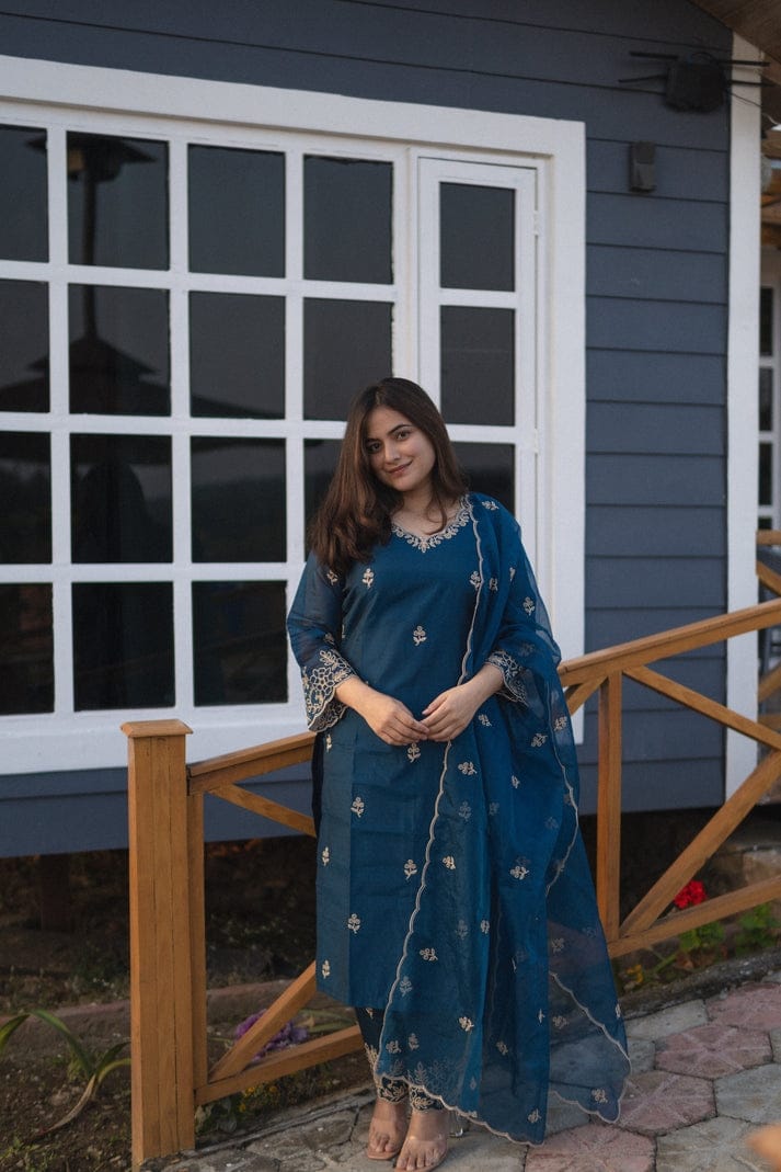 Ruhaniya Blue Chanderi Silk Embroidered Palazzo Suit Set