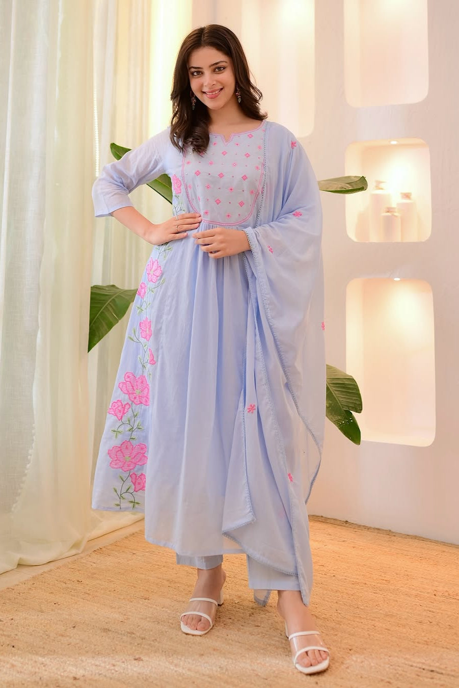 Light Blue Embroidered Cotton Suit Set