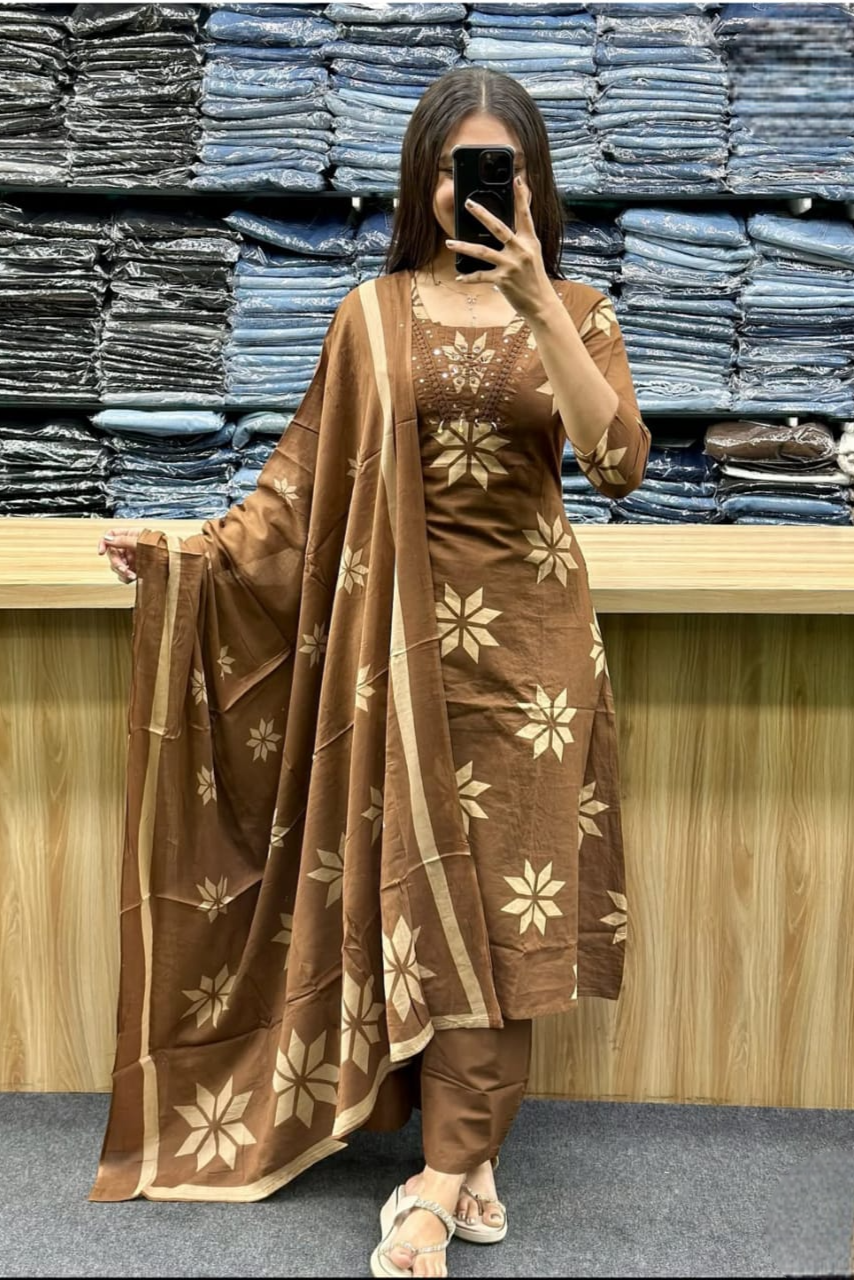 Noorangi Brown Embroidered Cotton Straight Kurta Pant Dupatta Set