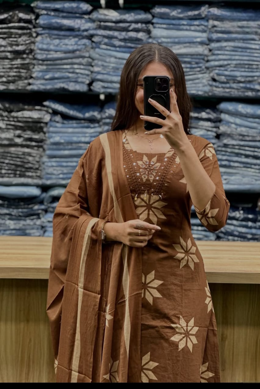 Noorangi Brown Embroidered Cotton Straight Kurta Pant Dupatta Set