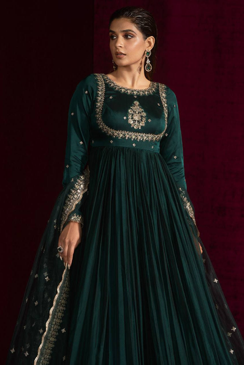 Dark Morpanki Thread & Sequin Anarkali Set with Butterfly Net Dupatta