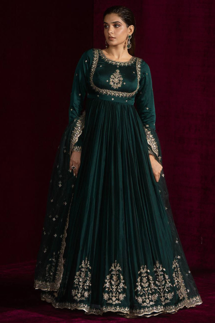 Dark Morpanki Thread & Sequin Anarkali Set with Butterfly Net Dupatta
