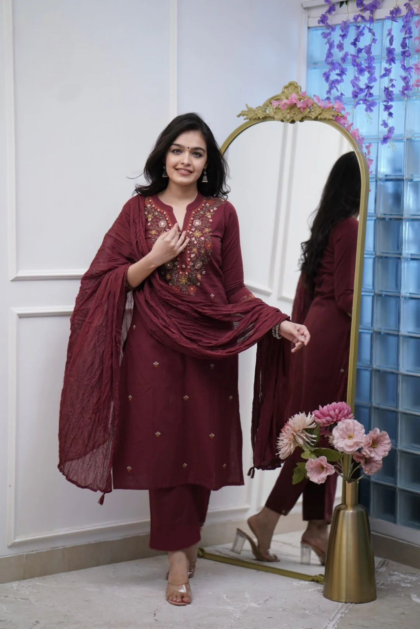 Maroon Shagun Slub Reyon Embroidered Suit Set