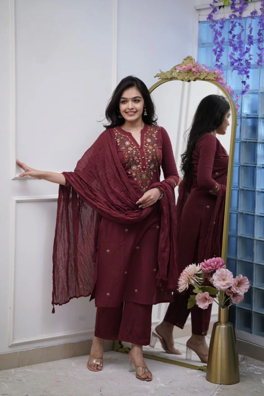 Maroon Shagun Slub Reyon Embroidered Suit Set