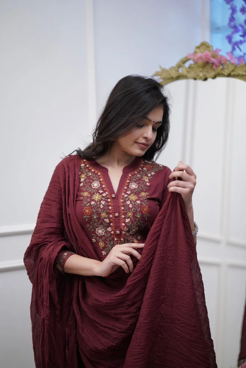 Maroon Shagun Slub Reyon Embroidered Suit Set