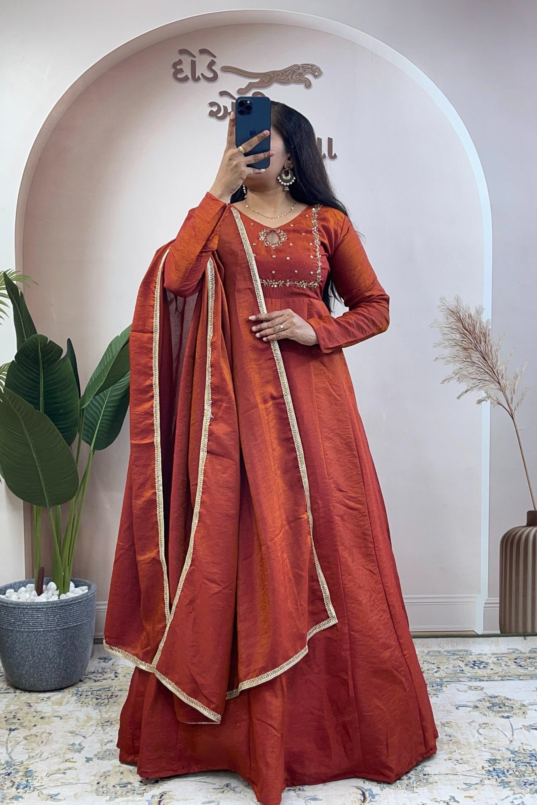Dark Orange Khatli Vichitra Silk Gown Set