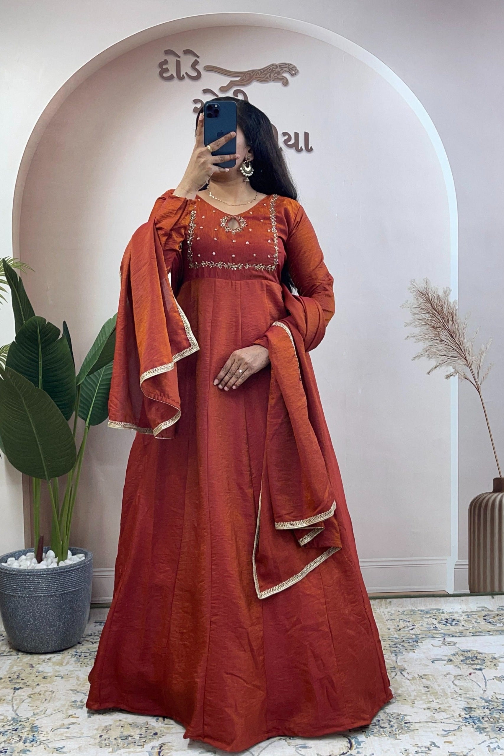Dark Orange Khatli Vichitra Silk Gown Set