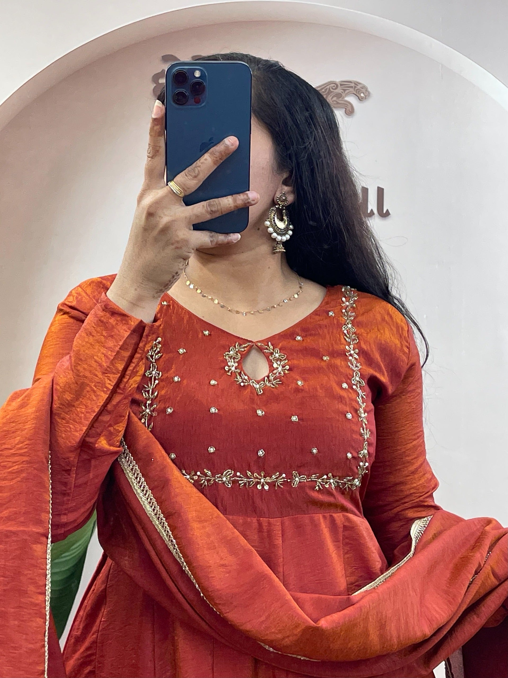 Dark Orange Khatli Vichitra Silk Gown Set