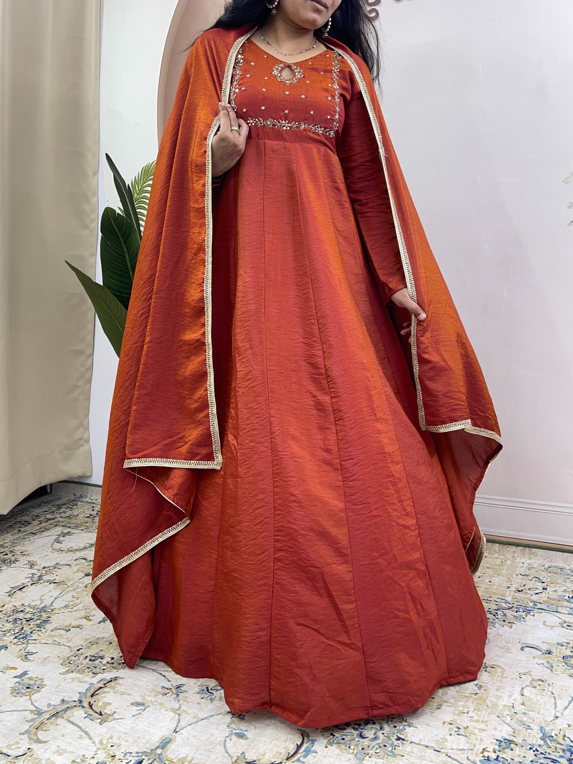 Dark Orange Khatli Vichitra Silk Gown Set