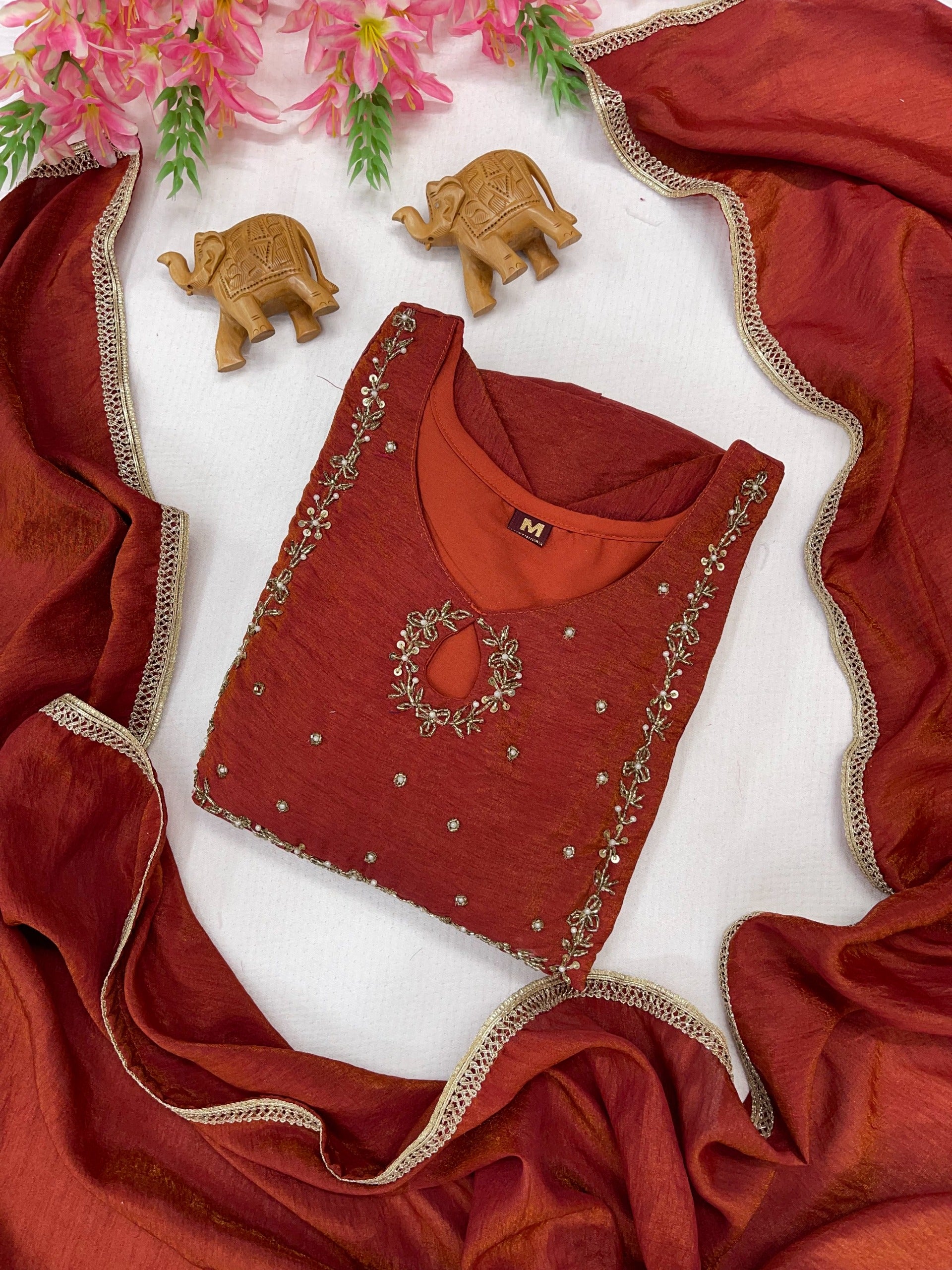 Dark Orange Khatli Vichitra Silk Gown Set