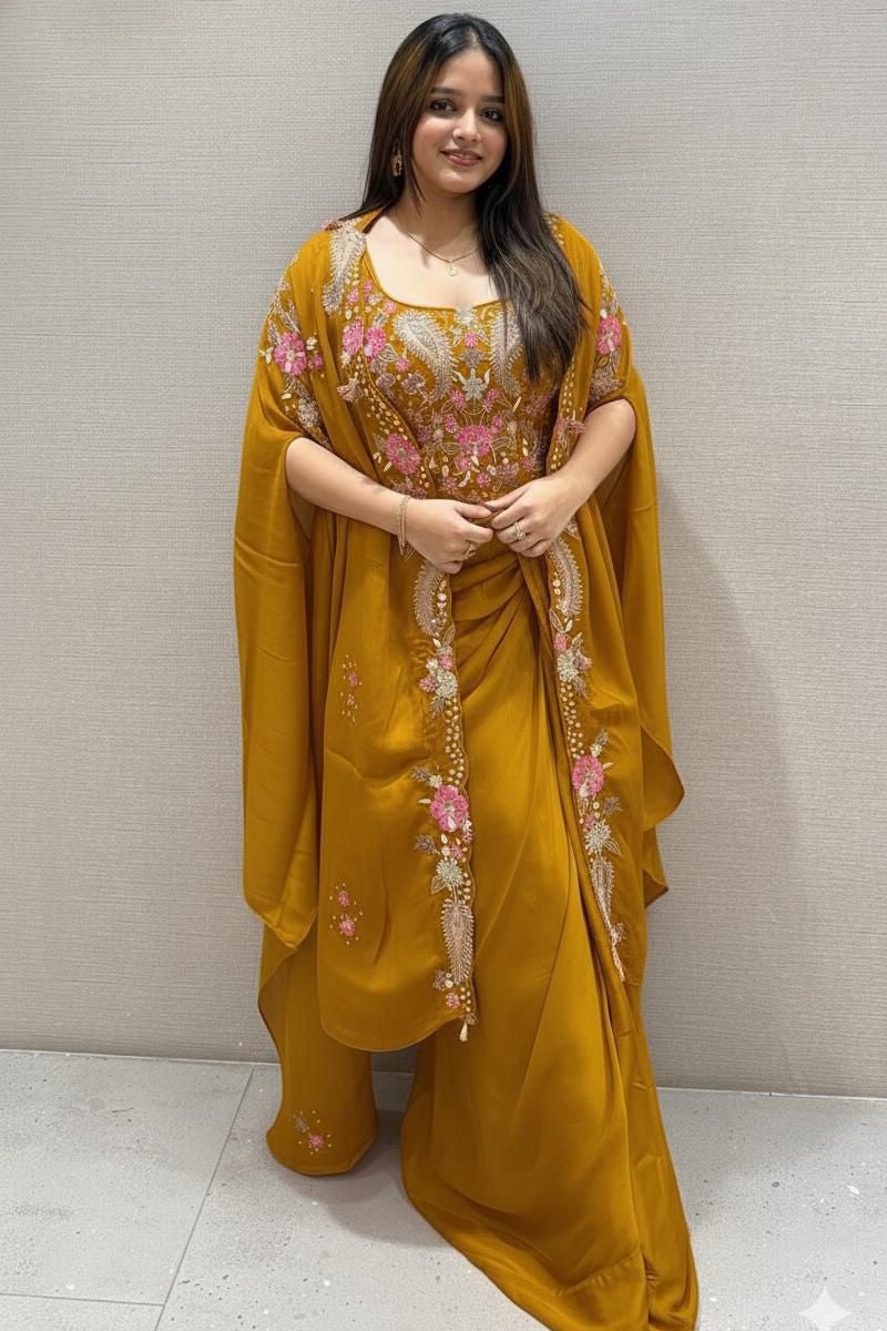 Gulnaar Mustard Gold Indo-Western Shrug Dhoti Set