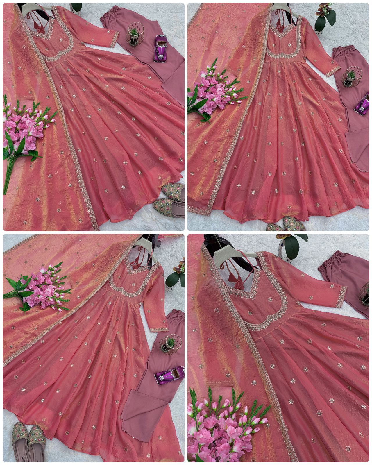 Gulraashi Silk Embroidered Gown Pant Dupatta Set