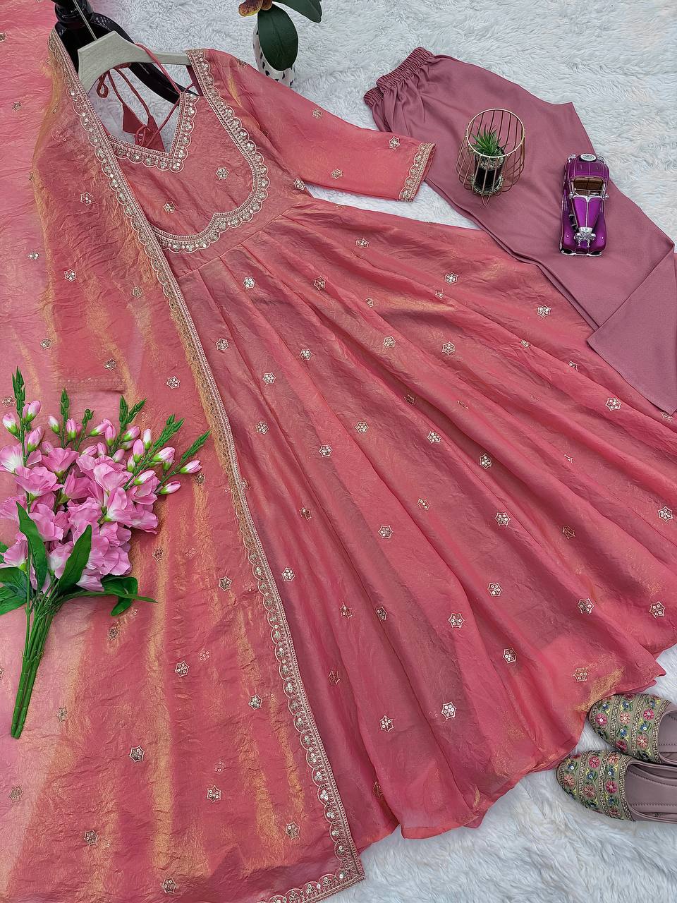 Gulraashi Silk Embroidered Gown Pant Dupatta Set
