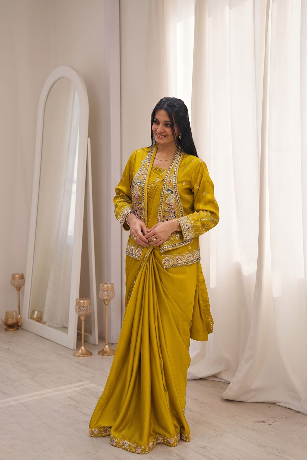 Kanakshree Crepe Satin Embroidered Saree Set with Koti