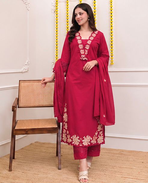 Rangreza Embroidered Cotton Straight Kurta Pant Dupatta Set
