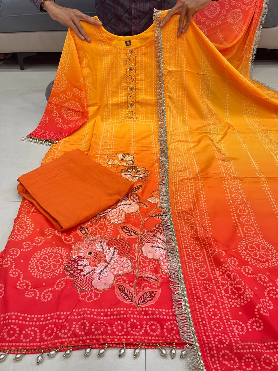 Noor Aari Handwork Chinon Kurti Set With Pant And Dupatta