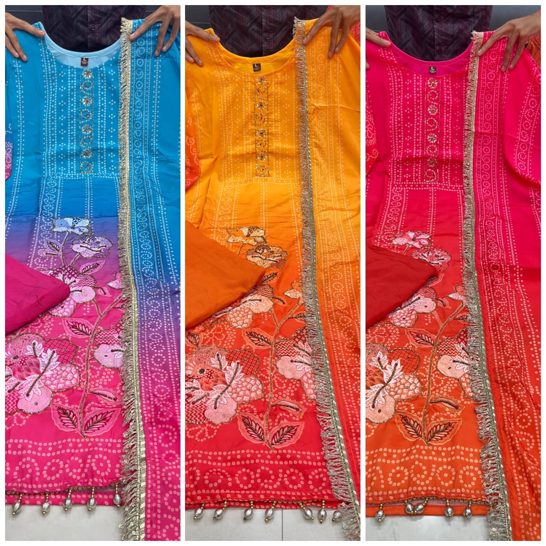 Noor Aari Handwork Chinon Kurti Set With Pant And Dupatta