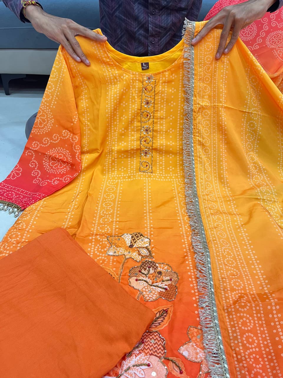 Noor Aari Handwork Chinon Kurti Set With Pant And Dupatta