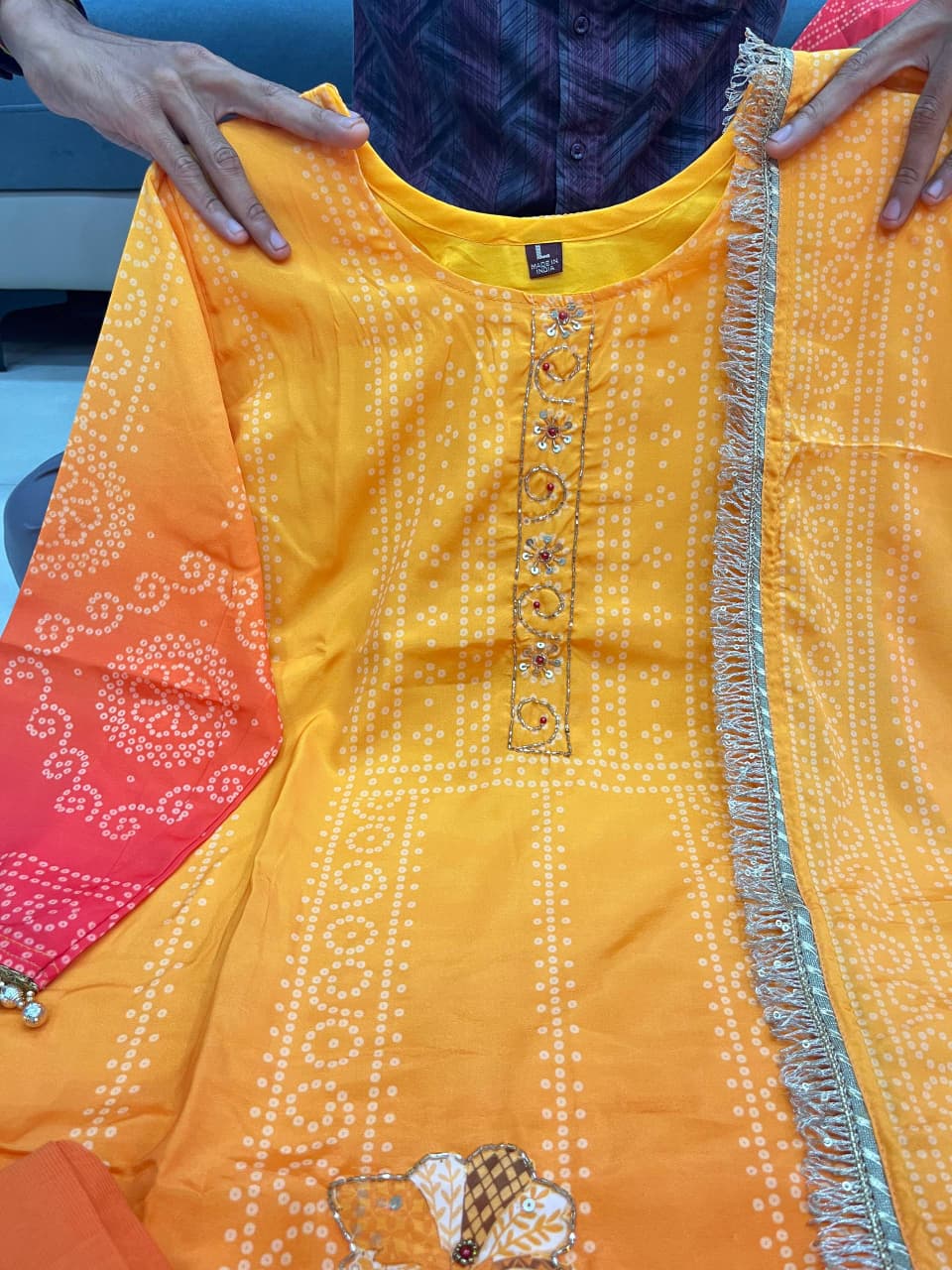 Noor Aari Handwork Chinon Kurti Set With Pant And Dupatta