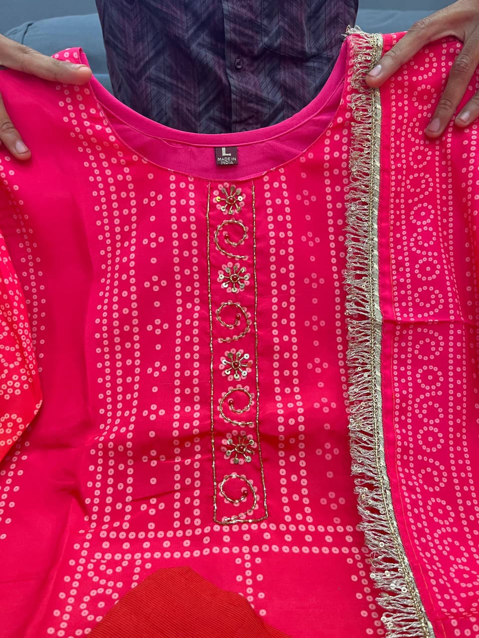 Noor Aari Handwork Chinon Kurti Set With Pant And Dupatta