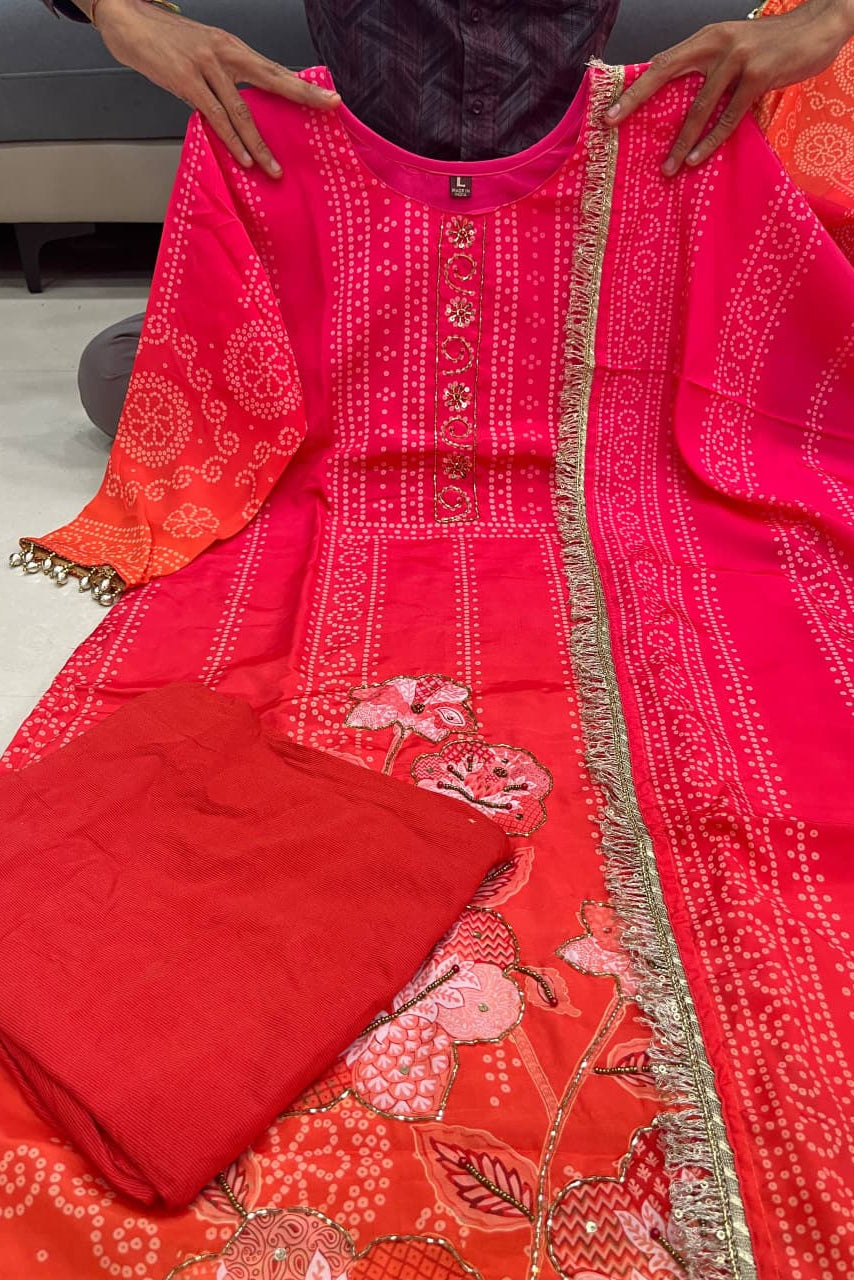 Noor Aari Handwork Chinon Kurti Set With Pant And Dupatta