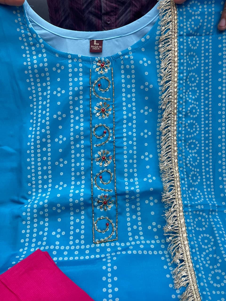 Noor Aari Handwork Chinon Kurti Set With Pant And Dupatta