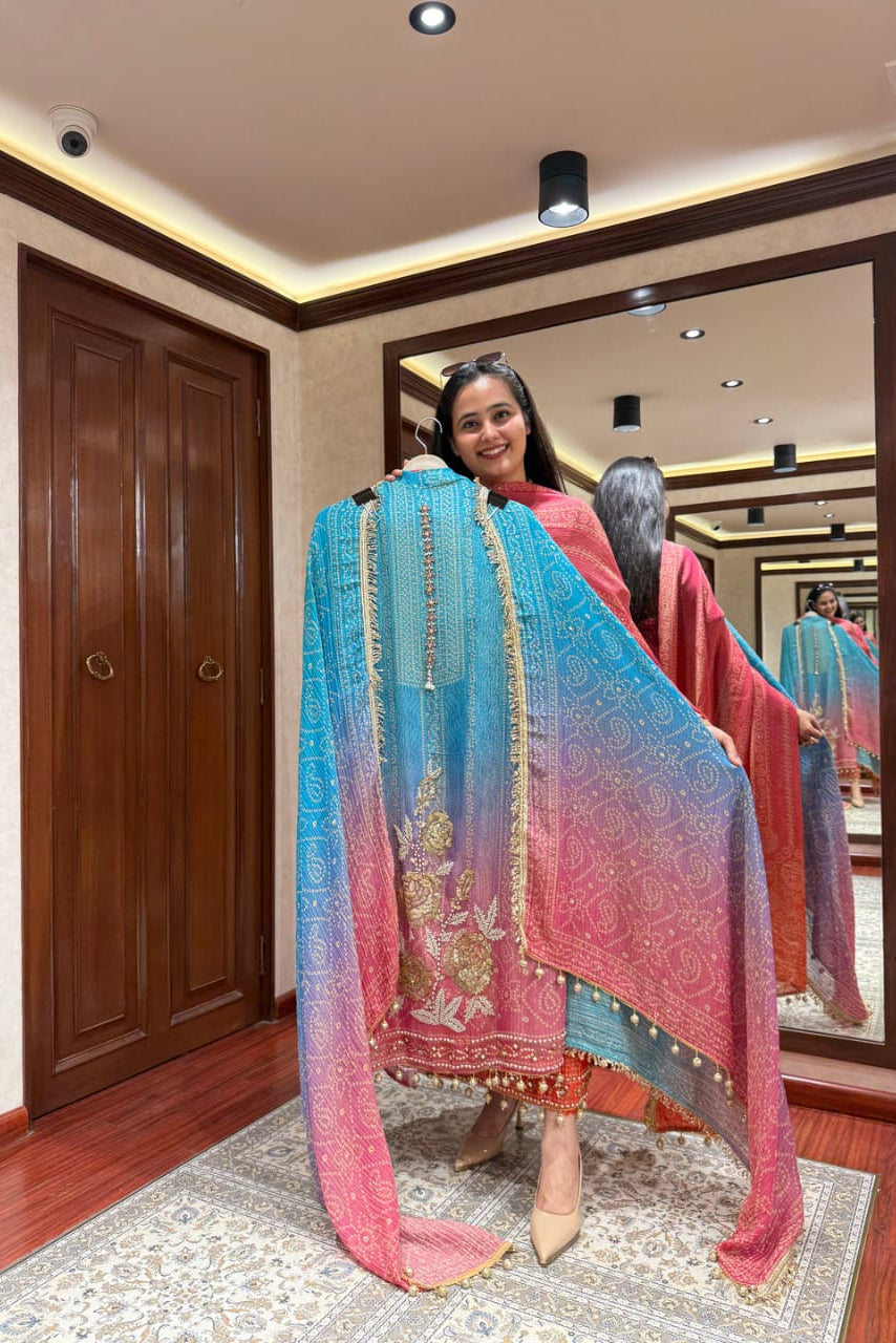 Noor Aari Handwork Chinon Kurti Set With Pant And Dupatta