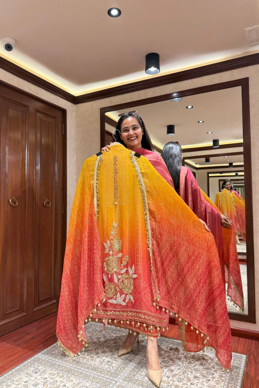 Noor Aari Handwork Chinon Kurti Set With Pant And Dupatta